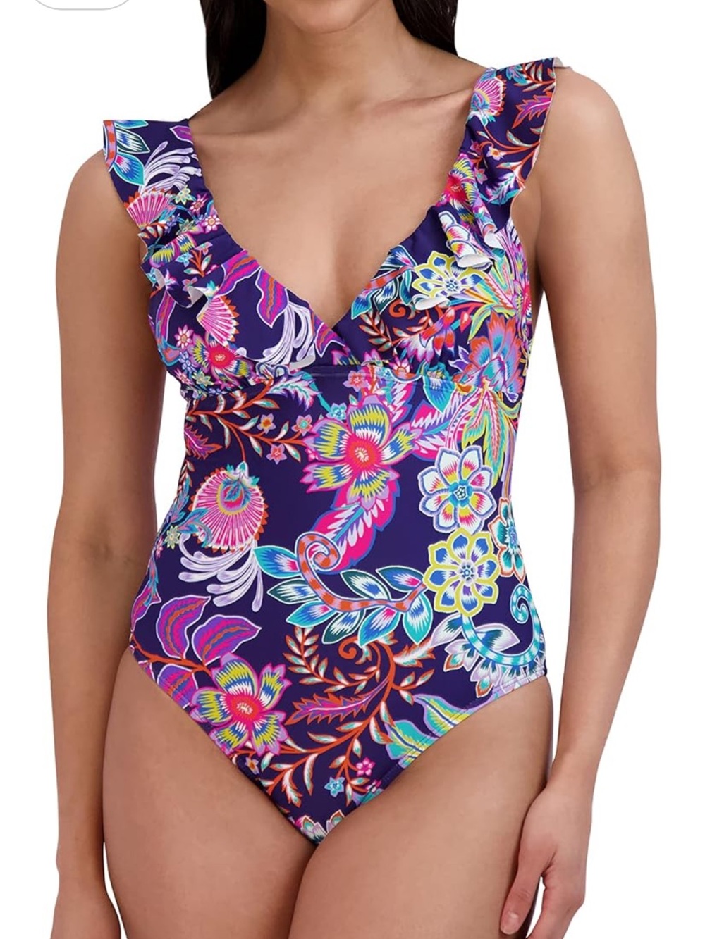 BCBGMaxAzria Purple Floral Ruffle One-Piece